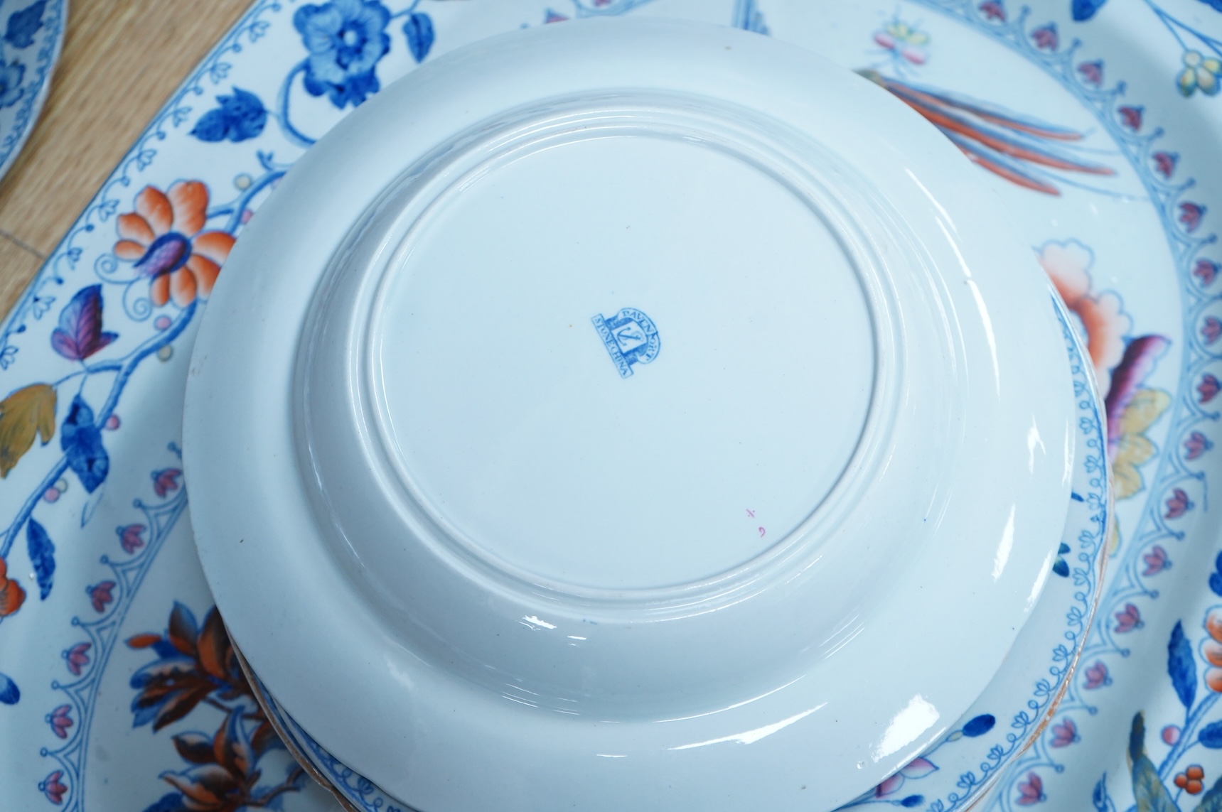 An early 19th century Davenport ironstone part dinner service, eight items, and four matching Stone China dessert dishes, meat plate 50cm